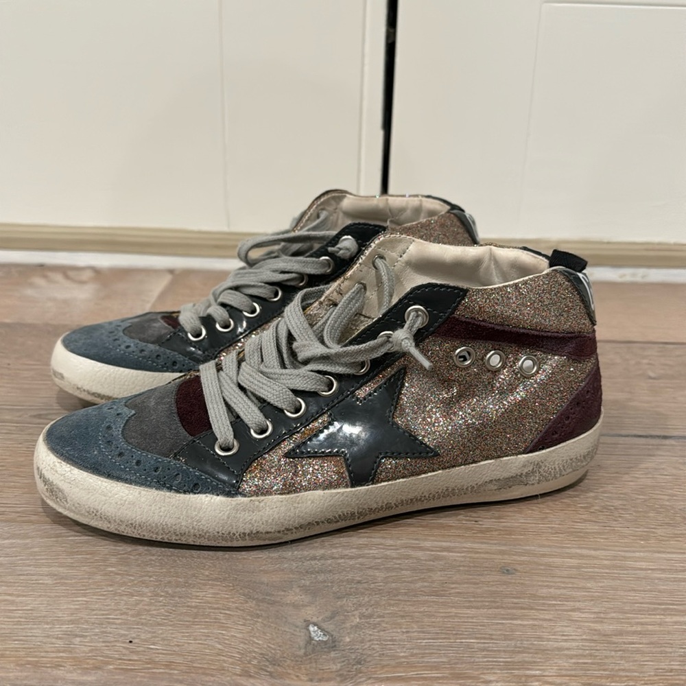 Golden Goose Mid Star Glitter Wing-Tip Sneaker - Size 35